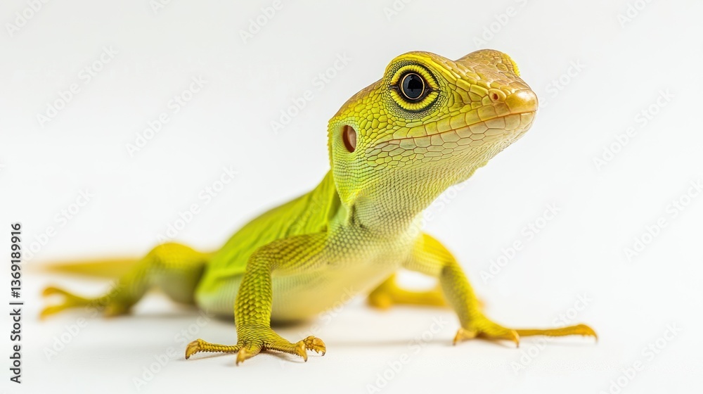 Fototapeta premium A small, bright green anole lizard poses against a crisp white background.