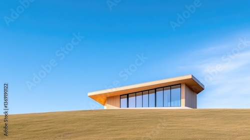 Modern minimalist building on a grassy hill under a clear sky