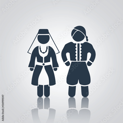 Flat illustration of a Lebanese traditional dress pictograms icons, with a silver abstract background