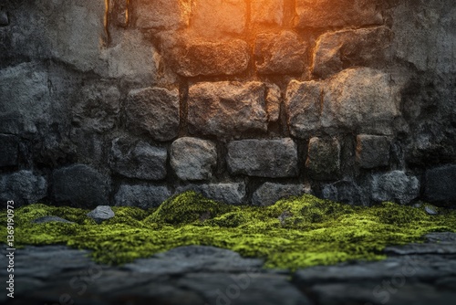 Ancient stone wall, mossy ground, warm light, nature, texture, background