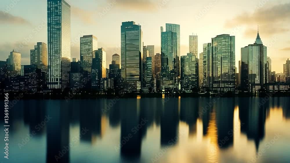 City Skyline Reflection: A cityscape of towering skyscrapers casts its mirrored reflection upon the calm water. City Skyline Reflection: A cityscape of towering skyscrapers casts its mirrored reflection upon the calm water.