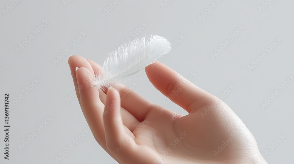 Fototapeta premium Gentle touch of a hand holding a feather minimalist indoor scene serenity