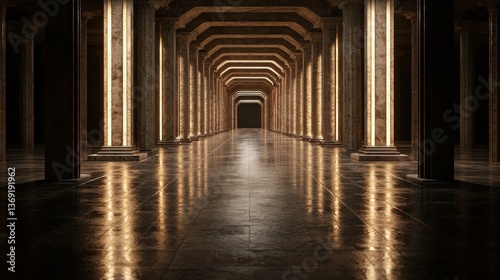 Elegant Hallway with Columns and Reflections in Luxurious Interior