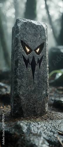 Glowing Eyes Stone Monolith in Dark Forest