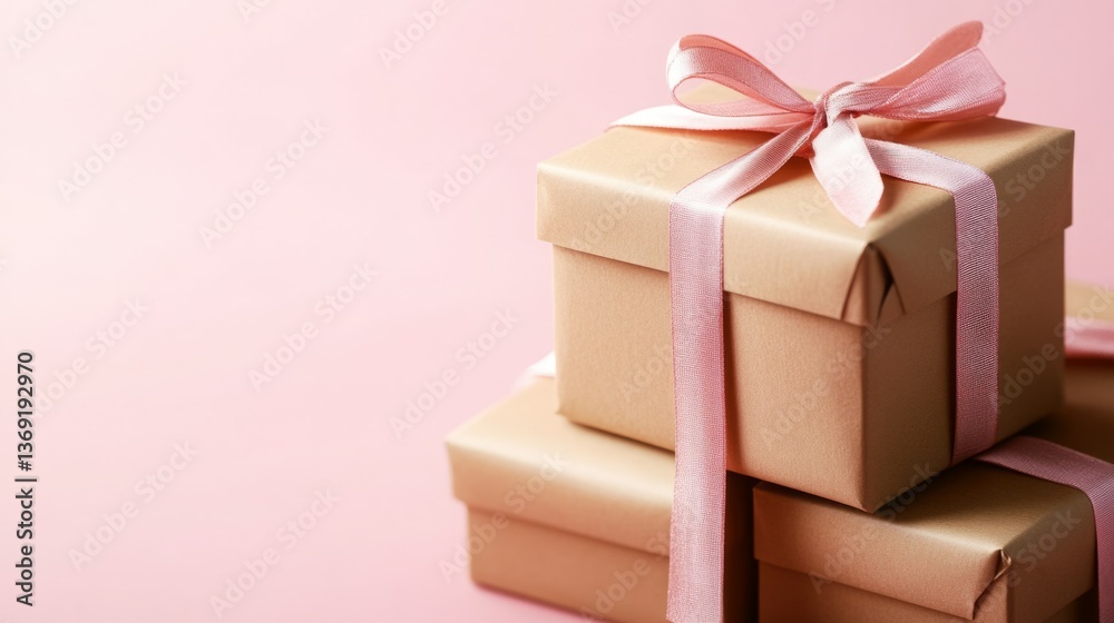 Fototapeta premium Stack of gifts wrapped in beige paper and tied with pink ribbons.
