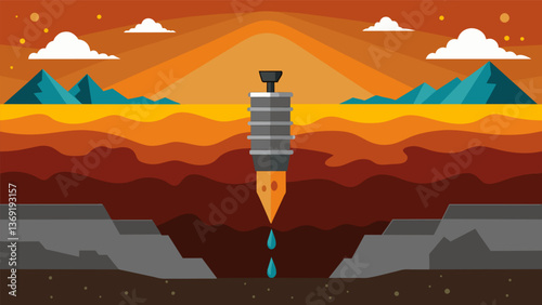 A powerful drill bit breaking through layers of rock and soil to reach the hot water reservoirs that will power the geothermal plant.. Vector illustration