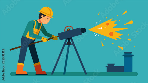 A worker using a specialized welding tool to repair damaged pipes on an oil well sparks flying in the air.. Vector illustration