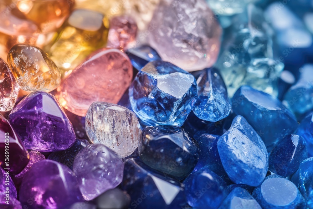 A vibrant collection of tumbled gemstones in various shades of blue, purple, pink, and orange. A vibrant collection of tumbled gemstones in various shades of blue, purple, pink, and orange.