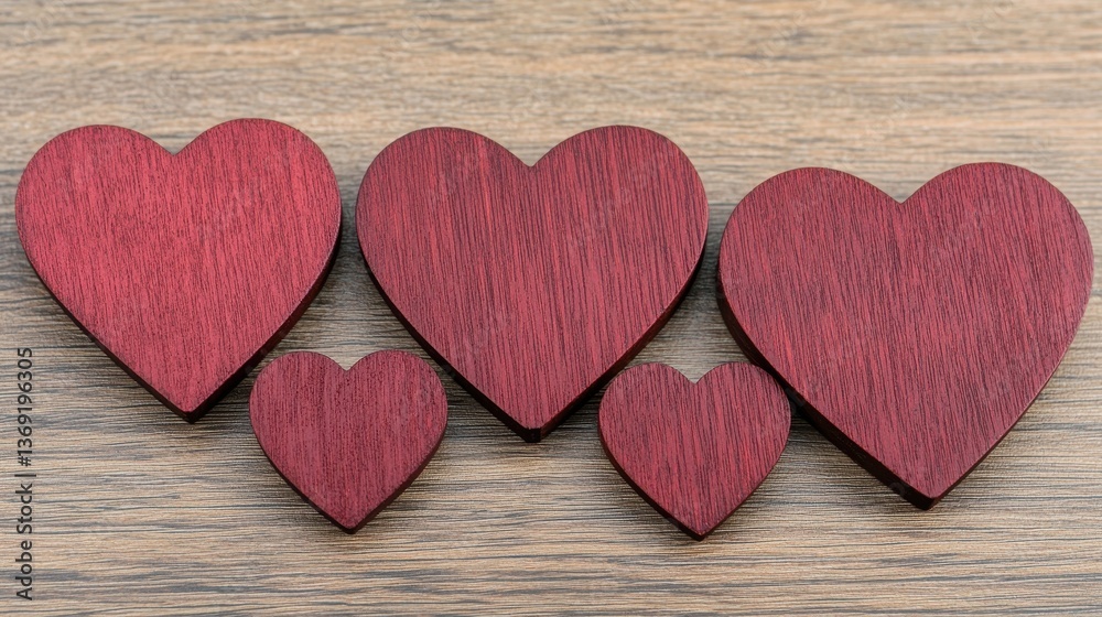 Wooden Heart Shapes in Various Sizes on Rustic Wooden Surface Wooden Heart Shapes in Various Sizes on Rustic Wooden Surface