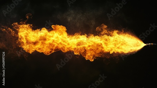 Stream of fire emerges from a nozzle in a dark, intense and dangerous display.