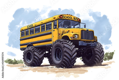Monster School Bus: A Humorous Illustration of a Giant Yellow School Bus with Huge Tires