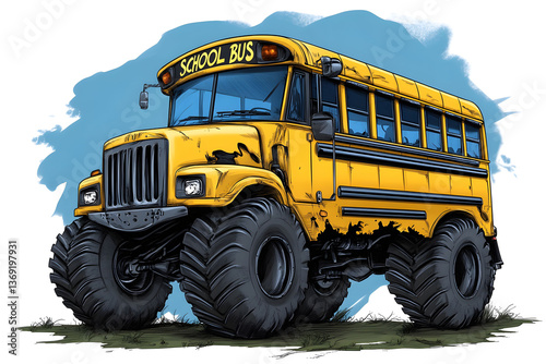 Monster School Bus: An Illustration of a Modified School Bus with Huge Tires