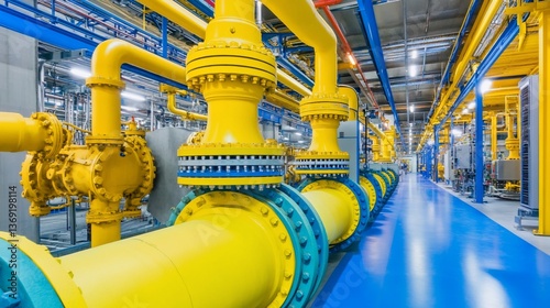 Industrial piping system with vibrant yellow and blue components.  Complex machinery and equipment within a large facility