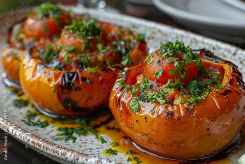 Montenegrin Stuffed Peppers plated open faced with tomato cream foam and