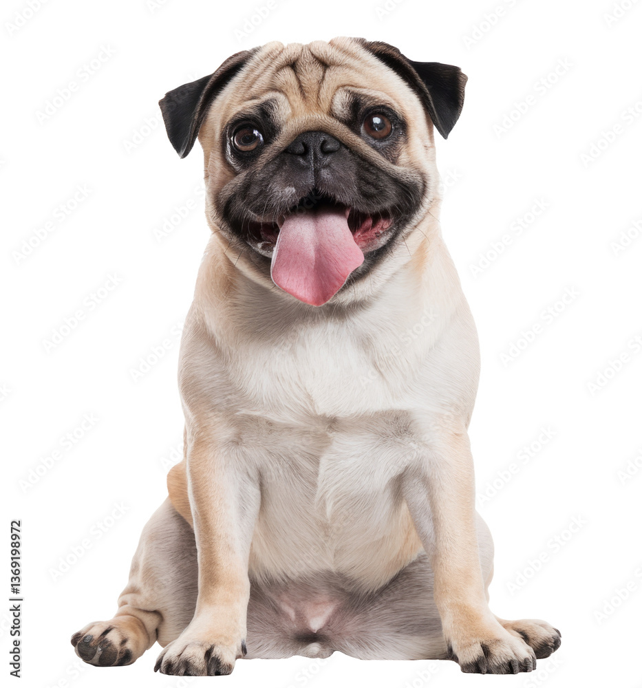 happy pug portrait with tongue out on white background happy pug portrait with tongue out on white background