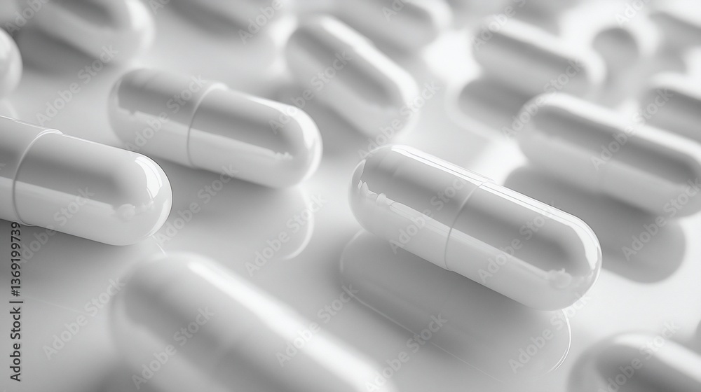 Close-up of Gleaming White Capsules on Reflective Surface Close-up of Gleaming White Capsules on Reflective Surface