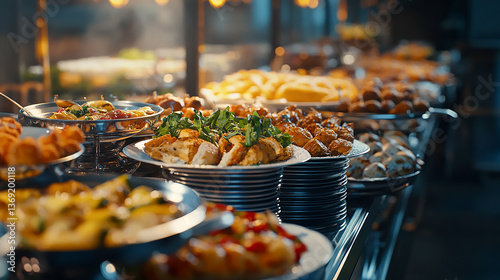 A premium catering display featuring a variety of exquisite dishes, professionally arranged for an event. High-resolution HDR image capturing vibrant details.

