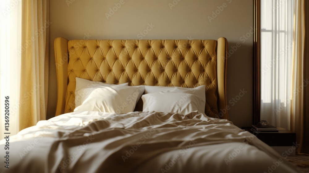 Fototapeta premium A luxurious modern bed in a muted gold color, with a high, tufted headboard and soft silk linens, set in a spacious bedroom with natural light.