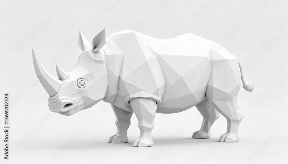 Fototapeta premium Low poly white rhinoceros 3D render model isolated on white background Perfect for design projects