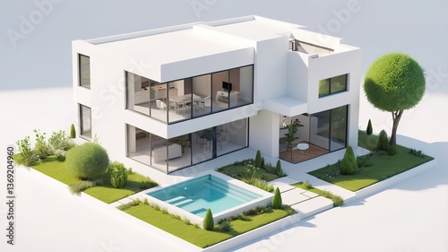 A small modern minimalist house isometric perspective, 3D model miniature