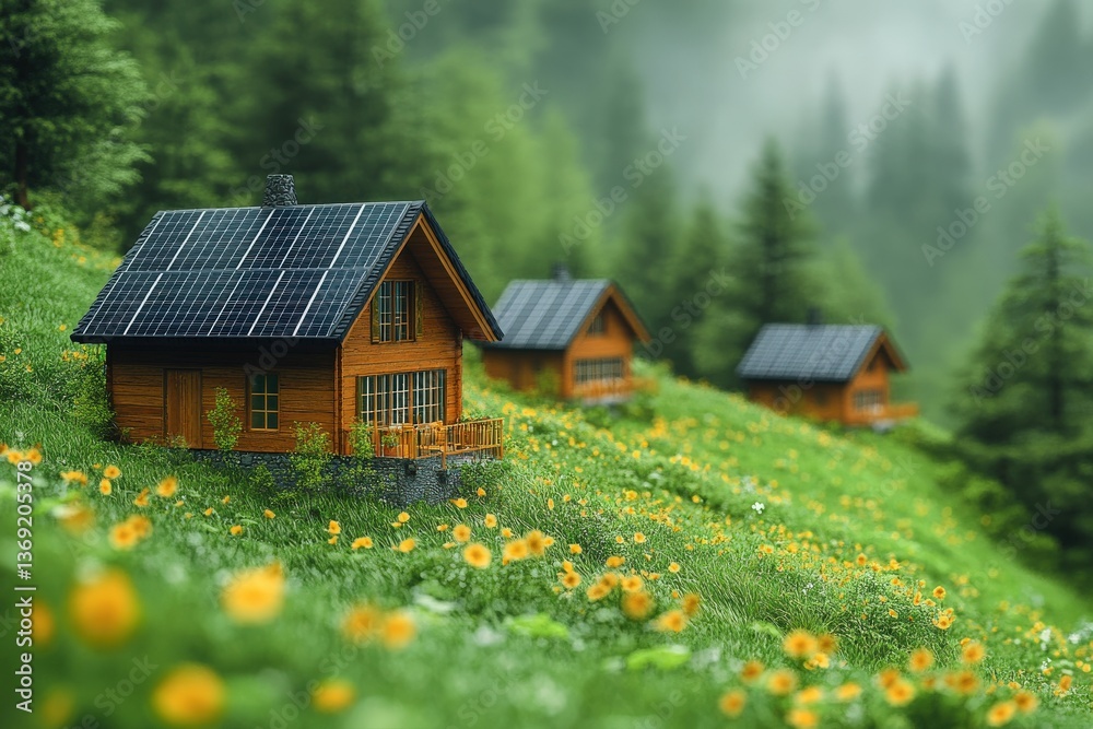 Fototapeta premium Eco-friendly wooden cabins with solar panels nestled in a vibrant green meadow, surrounded by a misty mountain forest. Perfect for sustainable living and renewable energy concepts.