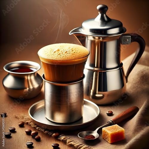 Hot Indian filter coffee served with metal pot
