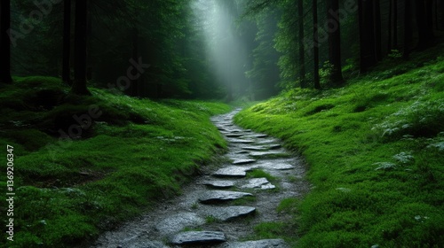 Misty forest path bathed in light