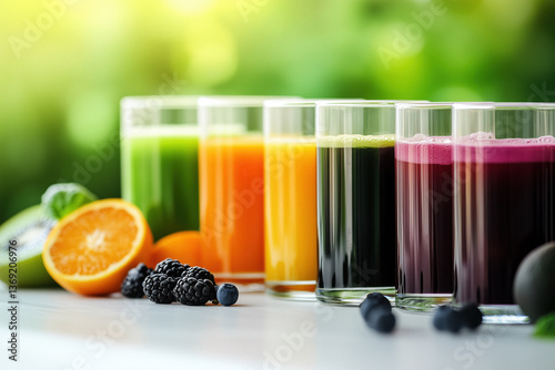 Close-up of five glasses filled with colorful fruit juices, with fruits like kiwi, orange, blackberries, and blueberries on a table.