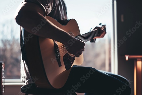 musician strumming guitar sunlit space