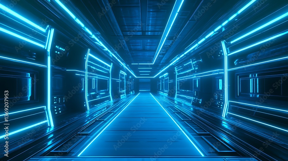 Fototapeta premium Futuristic Sci-Fi Corridor with Glowing Blue Neon Lights: An Abstract, Modern, and Technological Perspective for Visionary Design and Digital Art.