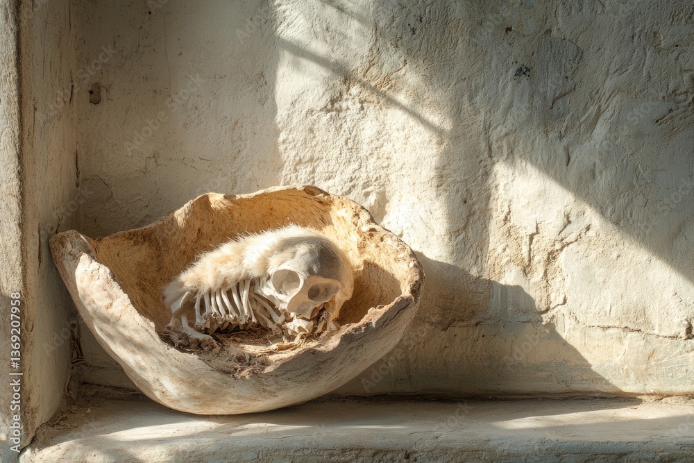 Animal skull and fur nestled in a weathered wooden bowl, bathed in sunlight. Animal skull and fur nestled in a weathered wooden bowl, bathed in sunlight.
