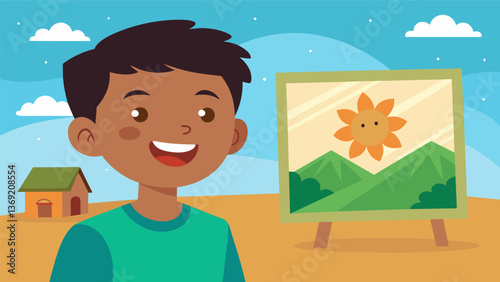 Inside a refugee settlement a young boy proudly shows off a painting he has created in art therapy his face beaming with joy and a newfound sense of. Vector illustration