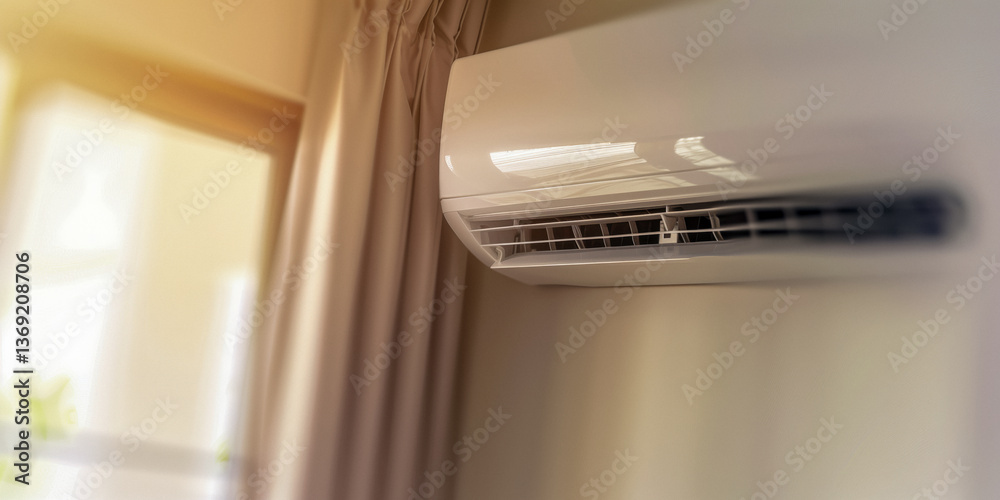 Close-up of a white air conditioner unit mounted on a wall, with a window and curtains in the background.