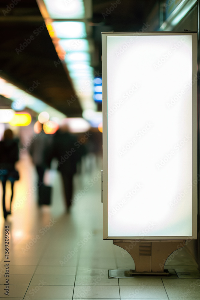 Close-up of a blank white billboard in a subway station, with blurred people walking in the background, suitable for mockup design.