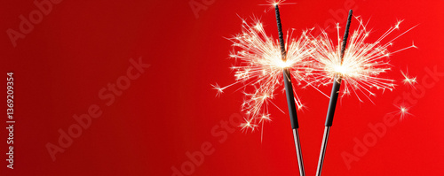 Obraz na płótnie Close-up of two sparklers lit against a red background. w salonie