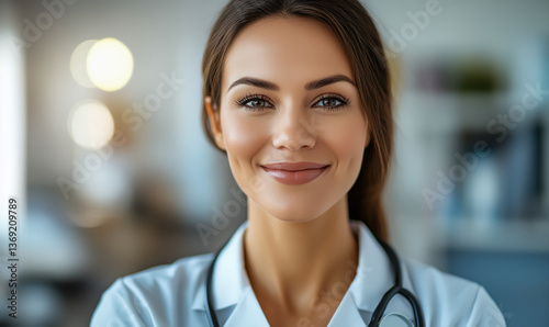 Obraz na płótnie Close-up of a female doctor in a white coat with a stethoscope, smiling and looking directly at the camera. w salonie