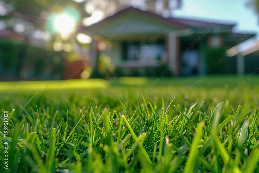 Close-up of lush green grass in front of a blurred house, symbolizing home ownership or a first house.