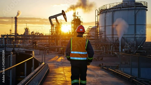 Industry at Sunset: An industrial worker surveys the oil refinery at sunset.