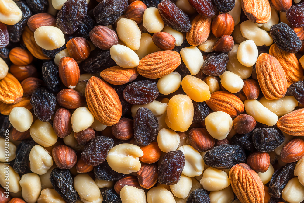 Close-up of a mix of almonds, hazelnuts, and raisins with natural lighting.