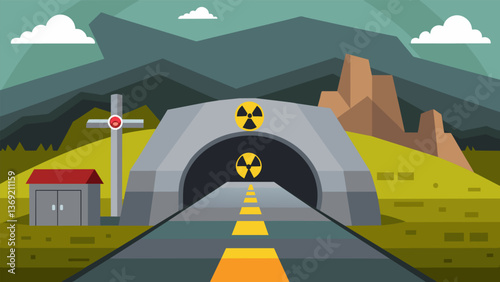 A remote underground bunker accessible only by a long tunnel where nuclear waste is carefully sorted and contained in specialized storage units.. Vector illustration