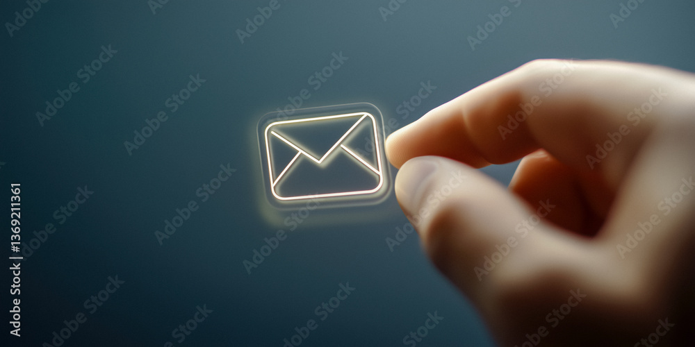 Close-up of a hand touching a glowing email icon on a dark surface.