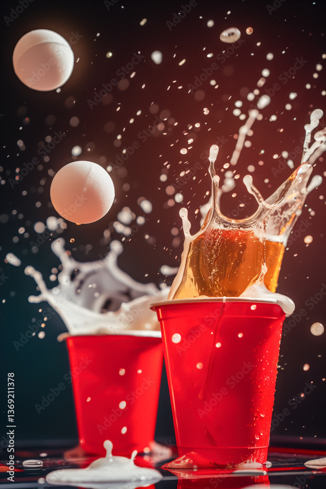 Close-up of a beer pong game in progress, with two red cups and ping pong balls in mid-air, and liquid splashing out of one cup.
