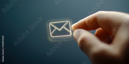 Obraz na płótnie Close-up of a hand touching a glowing email icon on a dark surface. w salonie