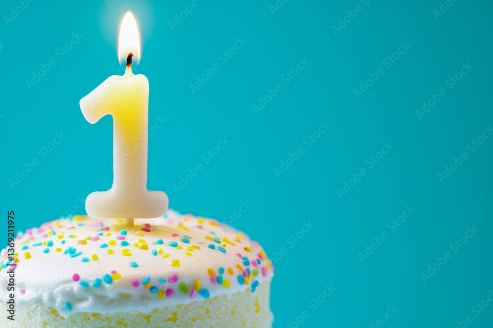 Close-up of a 1st birthday cake with a number one candle, against a blue background.