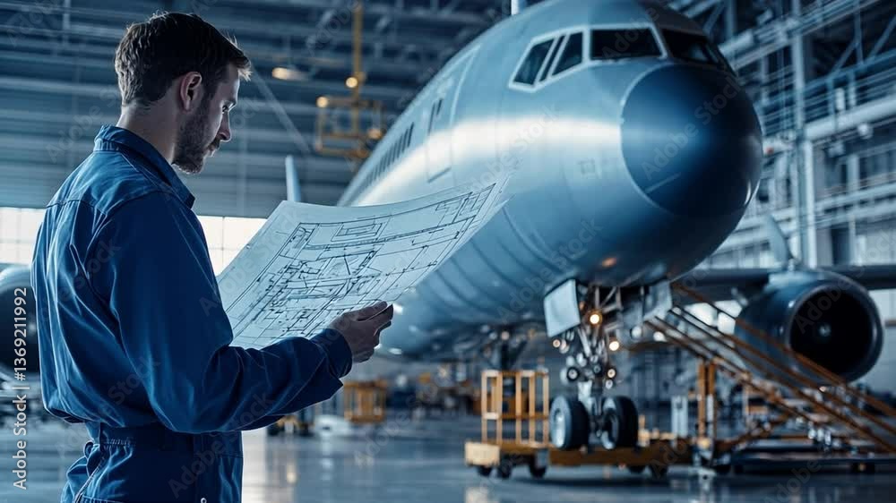 Engineering Precision: A skilled aircraft engineer meticulously reviews intricate blueprints, overseeing the aircraft's maintenance and construction with focused dedication.