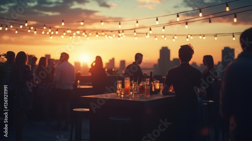A rooftop summer party at sunset, with friends gathered, string lights, drinks on a table, and a city skyline view