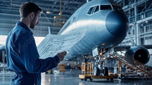 Engineering Precision: A skilled aircraft engineer meticulously reviews intricate blueprints, overseeing the aircraft's maintenance and construction with focused dedication.