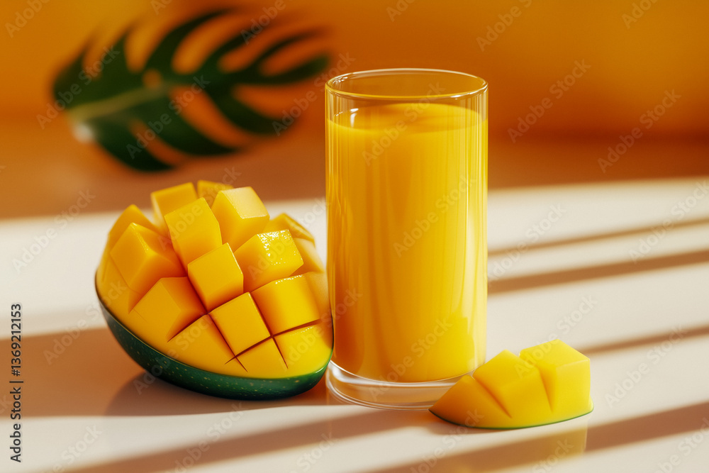 Close-up of a glass of mango juice with a cut mango on a table, with strong shadows and highlights indicating a bright light source.