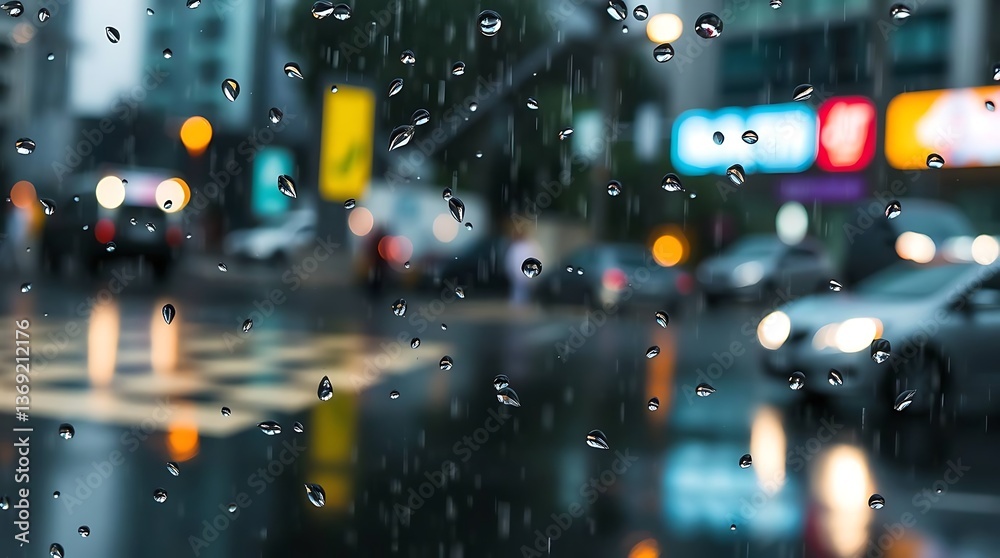 Obraz premium Rainy City Street View Through Window