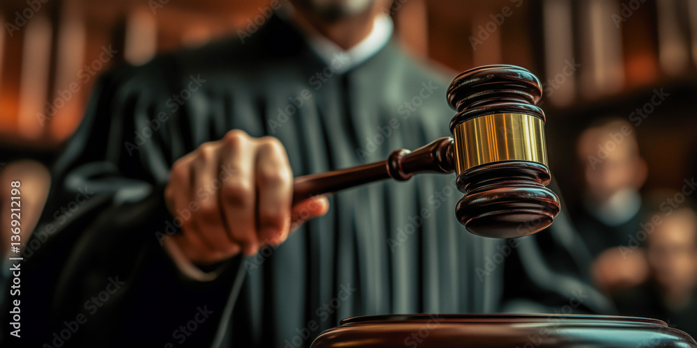 Close-up of a judge striking a gavel in a courtroom setting.